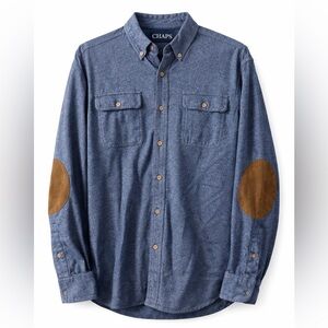 Chaps Blue Button Down Shirt Large Cotton Elbow Patch Casual Workwear